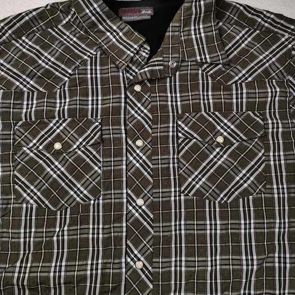 Wrangler Regular Fit Pearl Snap Shirt Mens sz L Green Plaid Western - Picture 5 of 9